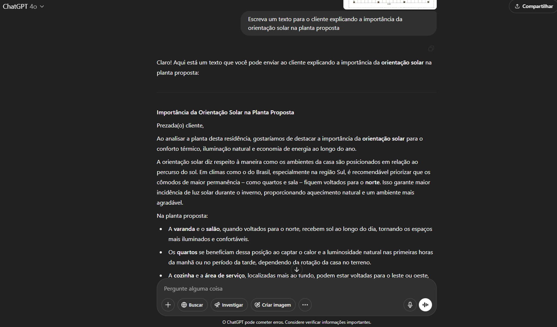 IA na arquitetura Exemplo de como arquitetos podem usar o ChatGPT para explicar ao cliente a importância da orientação solar na planta do projeto