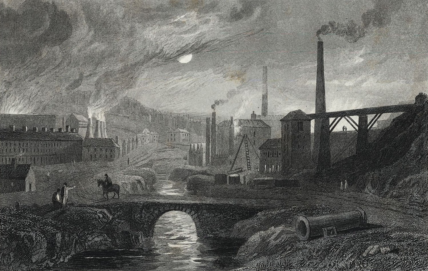 Pintura preto e branca mostra uma paisagem industrial do século 19 em que é possível observar um rio cortando um local rodeado por indústrias e suas chaminés