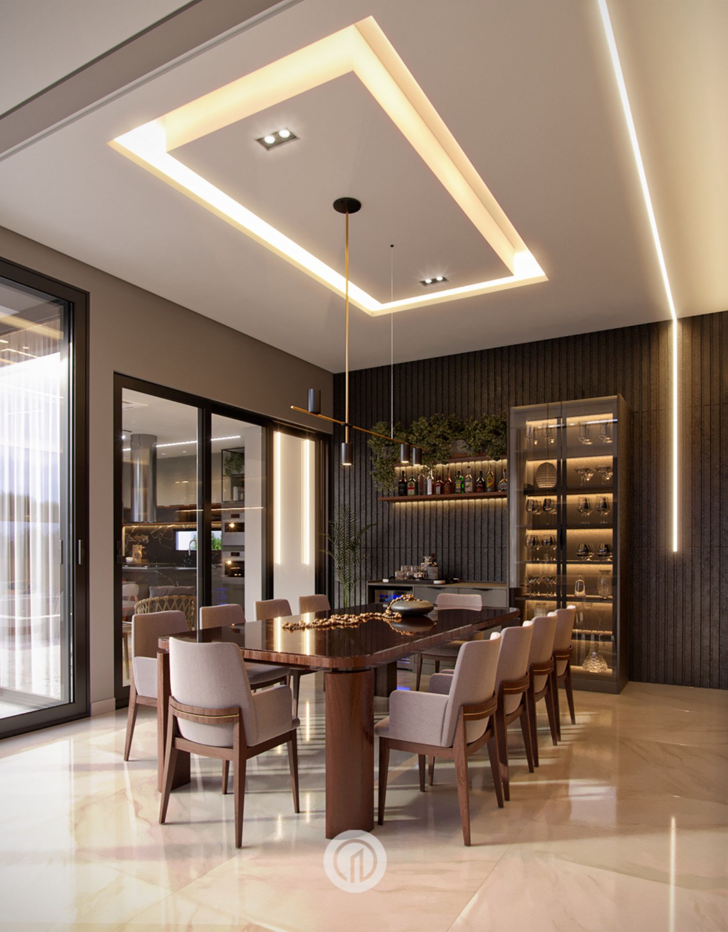 Sala de jantar com buffet e bar cristaleira