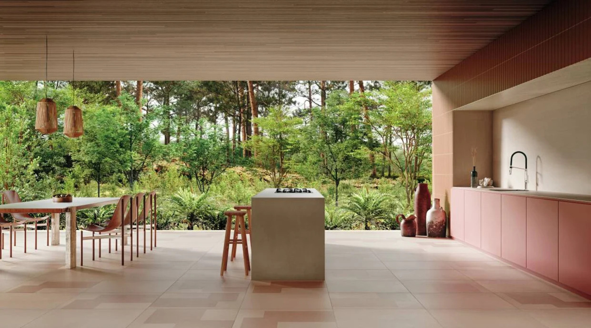 Casas térreas modernas com sala de jantar e cozinha integradas