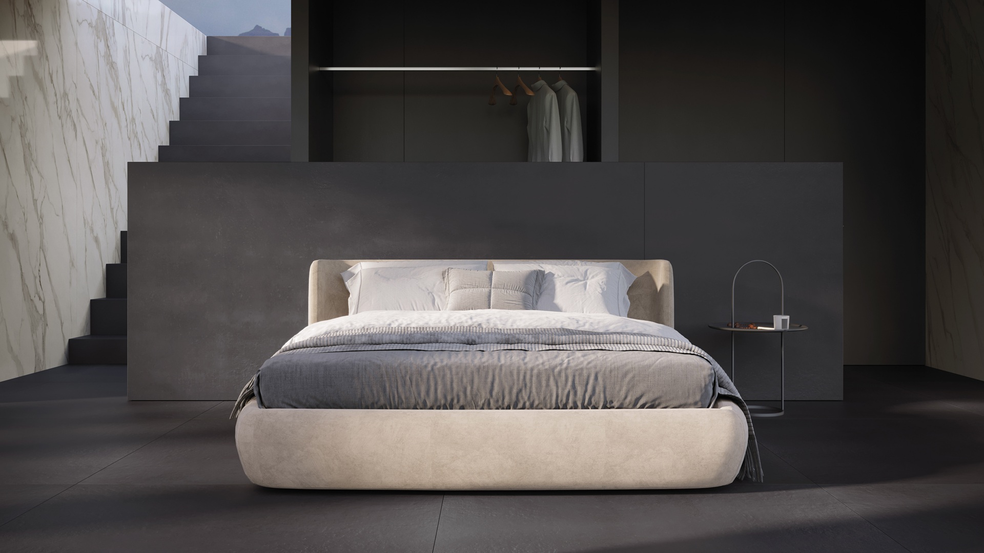 Quarto com revestimento Dansk Cement Graphite no piso e nas paredes