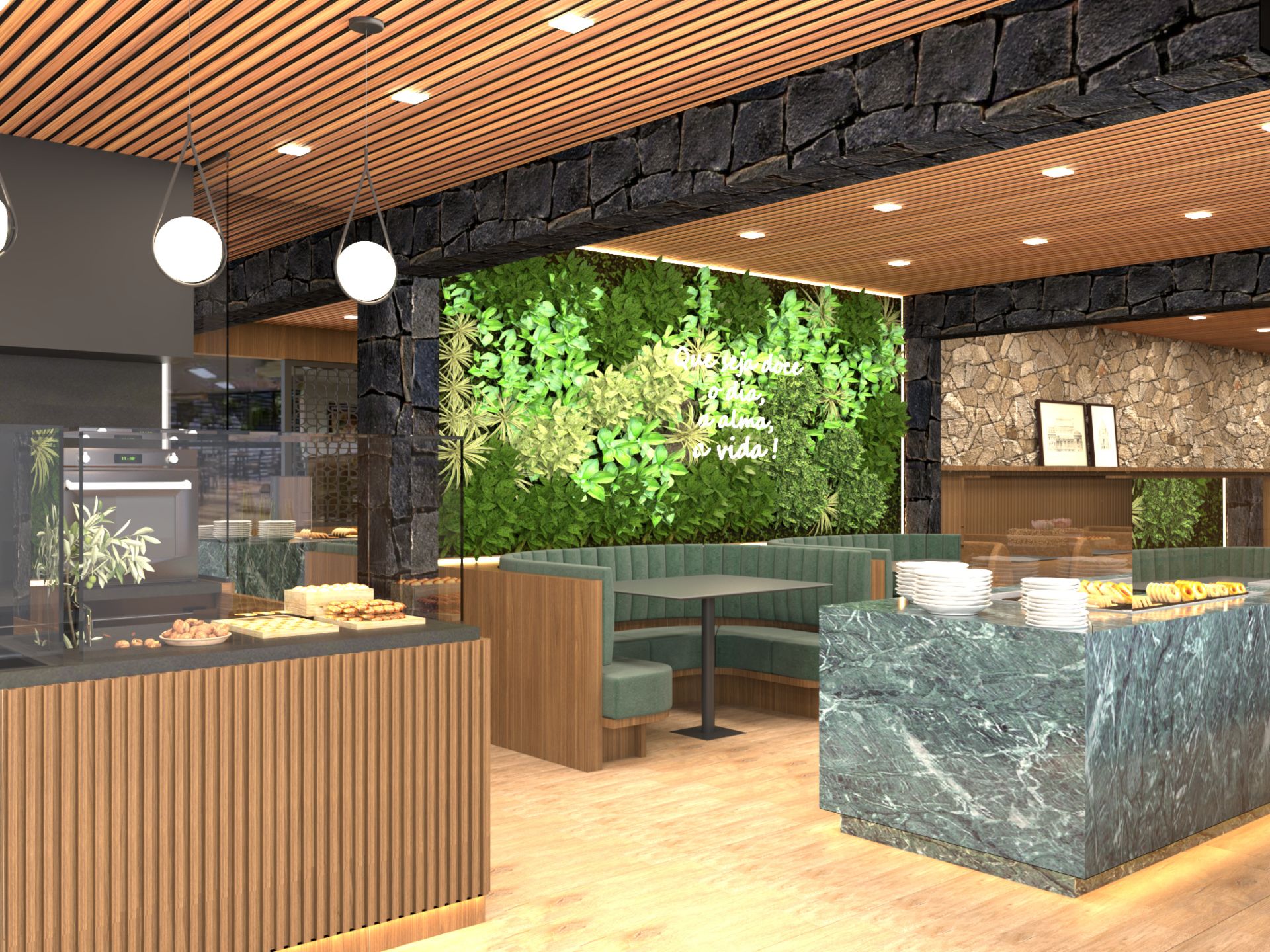Padaria gourmet com revestimentos amadeirados e detalhes em porcelanato que reproduz mármore verde