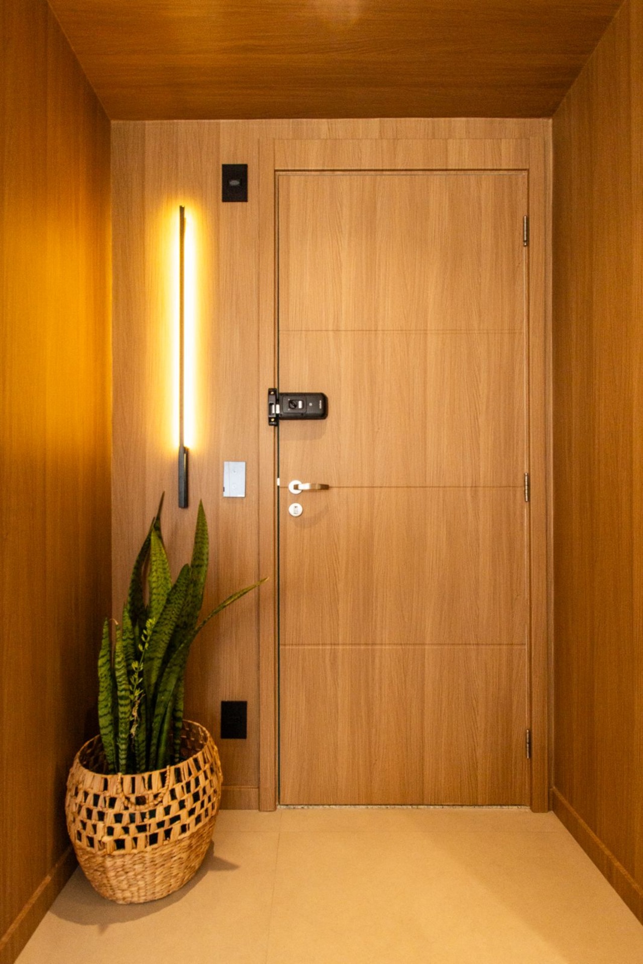 Hall de entrada com porta de giro e revestimento amadeirado