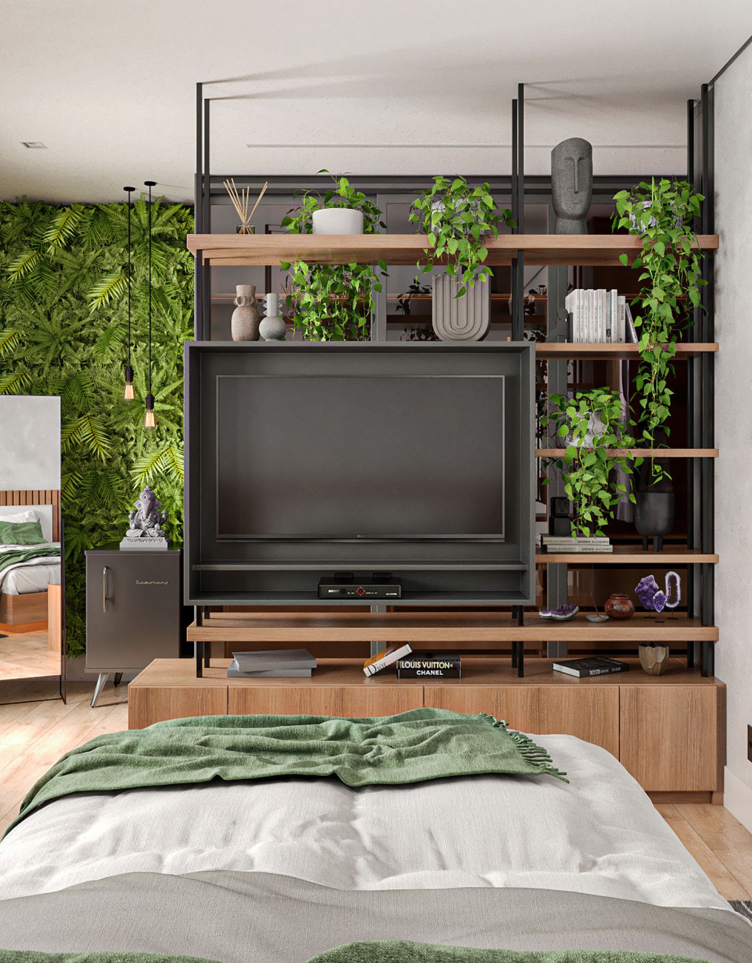 Quarto biofílico com várias plantas naturais