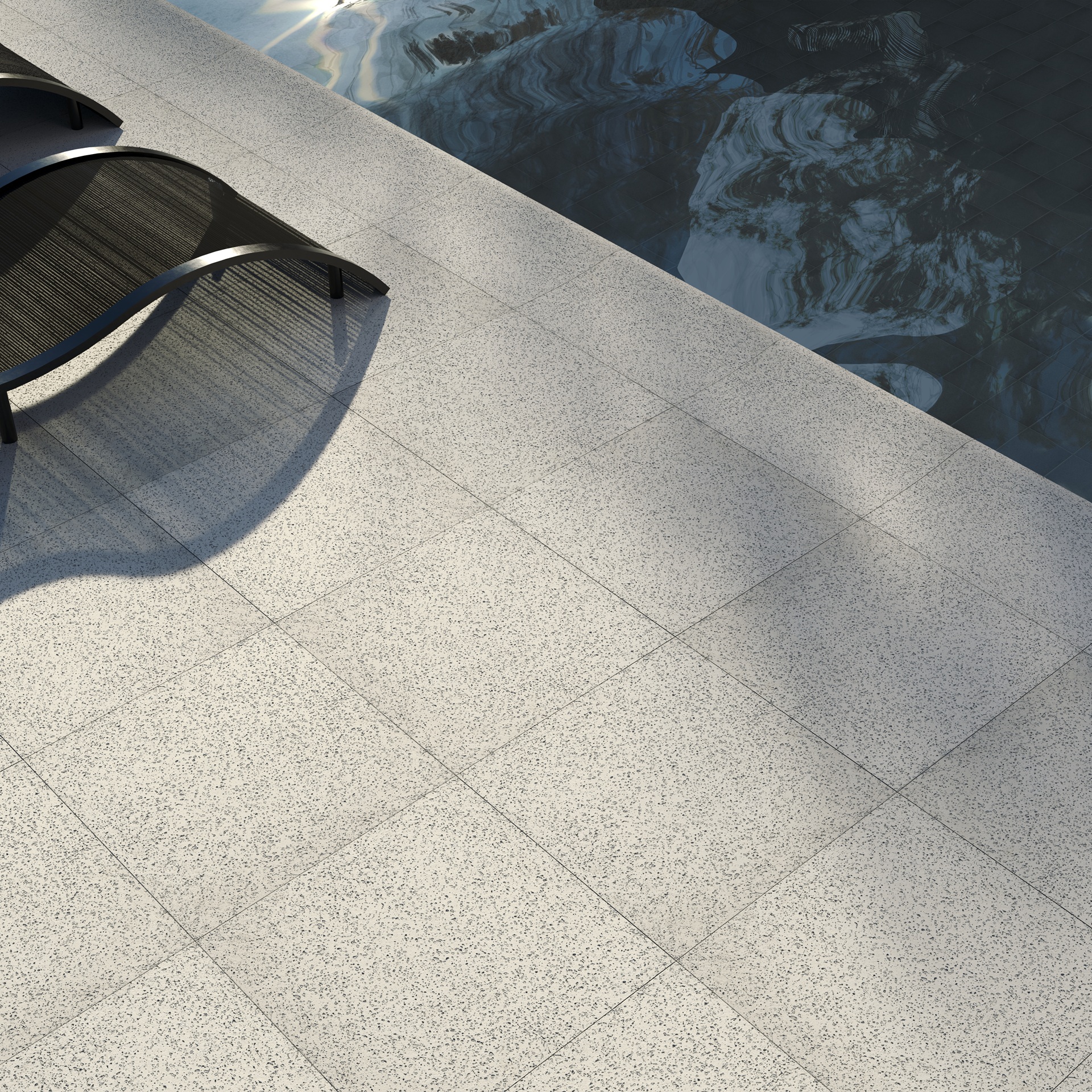 Visão de piso Blockline em área externa com piscina de alvenaria