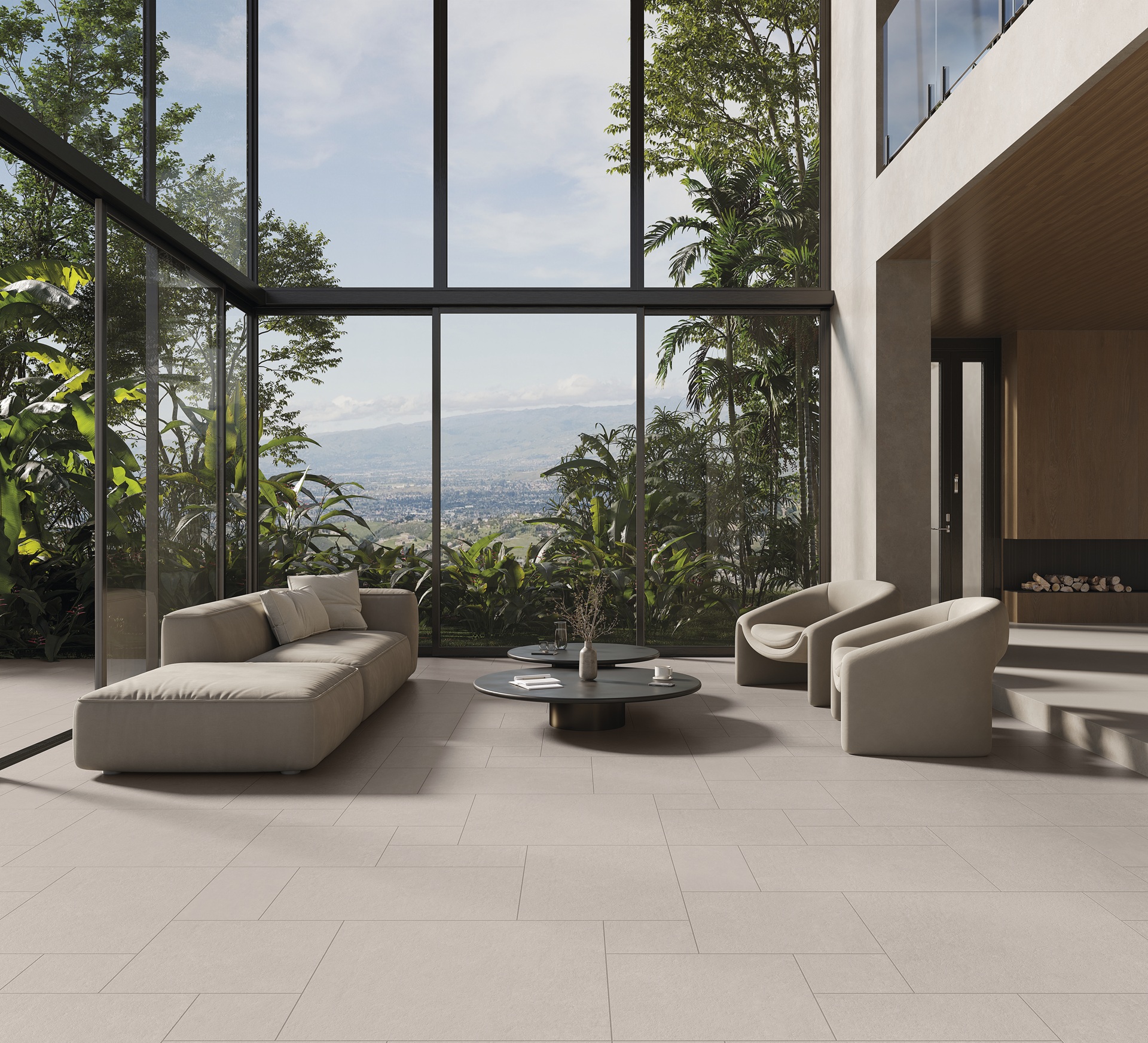 Living com pé-direito duplo e fechamento em vidro com vista para área verde