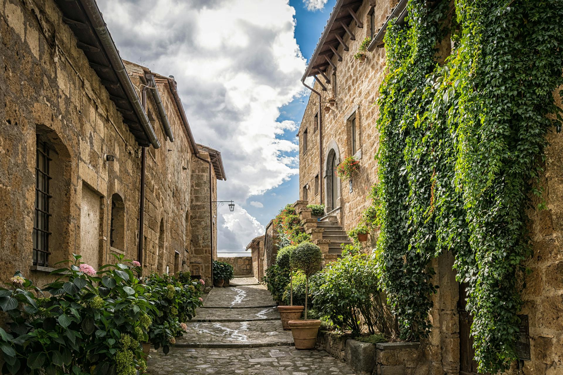 Ruela de vila em Pienza, na Toscana, com casas de pedra cobertas por trepadeiras e flores. A rua de paralelepípedos está cercada por plantas e iluminada por luz natural, transmitindo integração entre arquitetura e paisagem