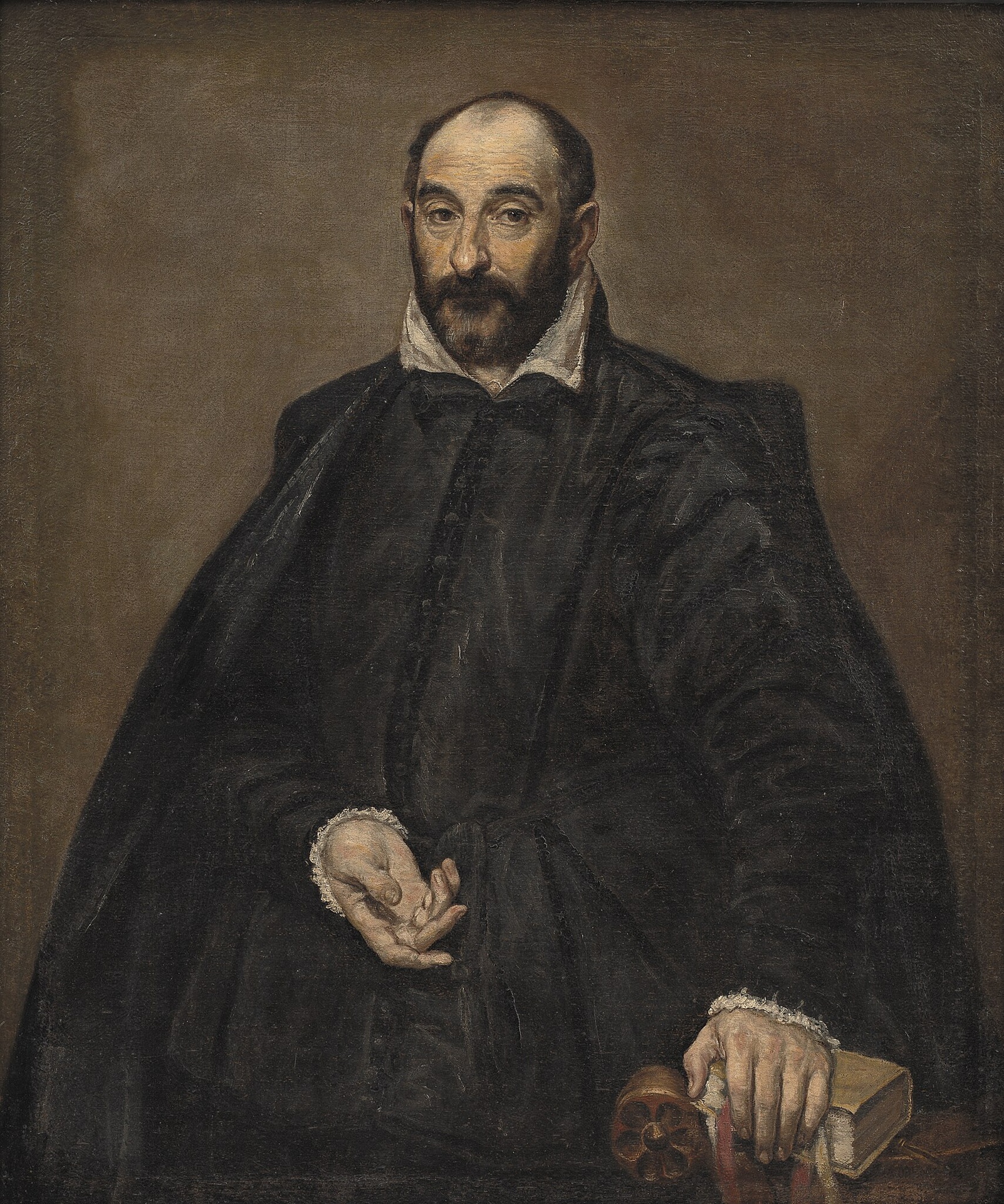 Retrato de Andrea Palladio, arquiteto renascentista italiano, vestindo roupas escuras e de aparência elegante. Ele está sentado, com uma das mãos aberta e a outra apoiada sobre um livro e um objeto arquitetônico cilíndrico