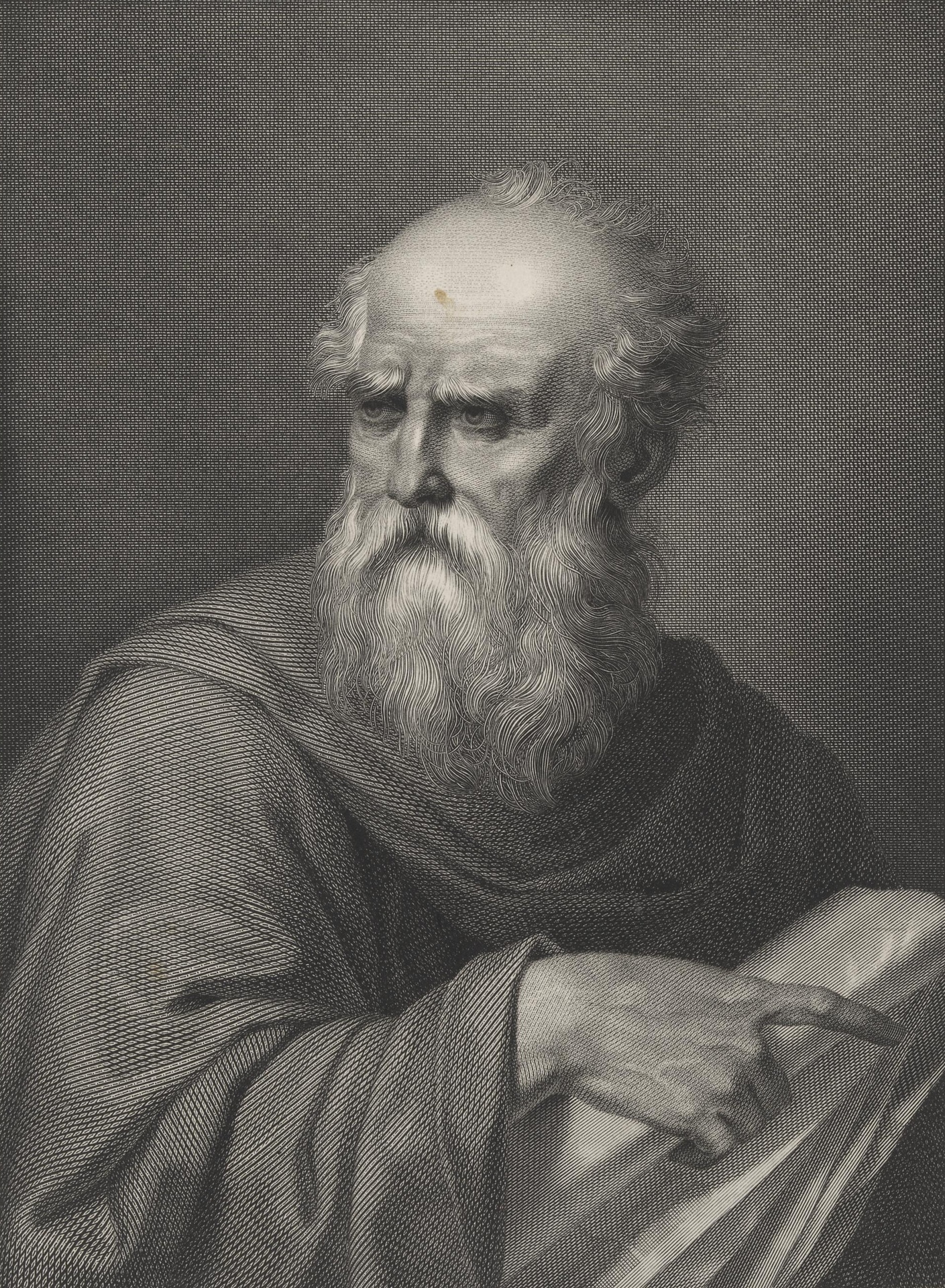 Retrato em estilo clássico de Vitrúvio, arquiteto e engenheiro romano, com expressão séria, barba longa e túnica, segurando um pergaminho