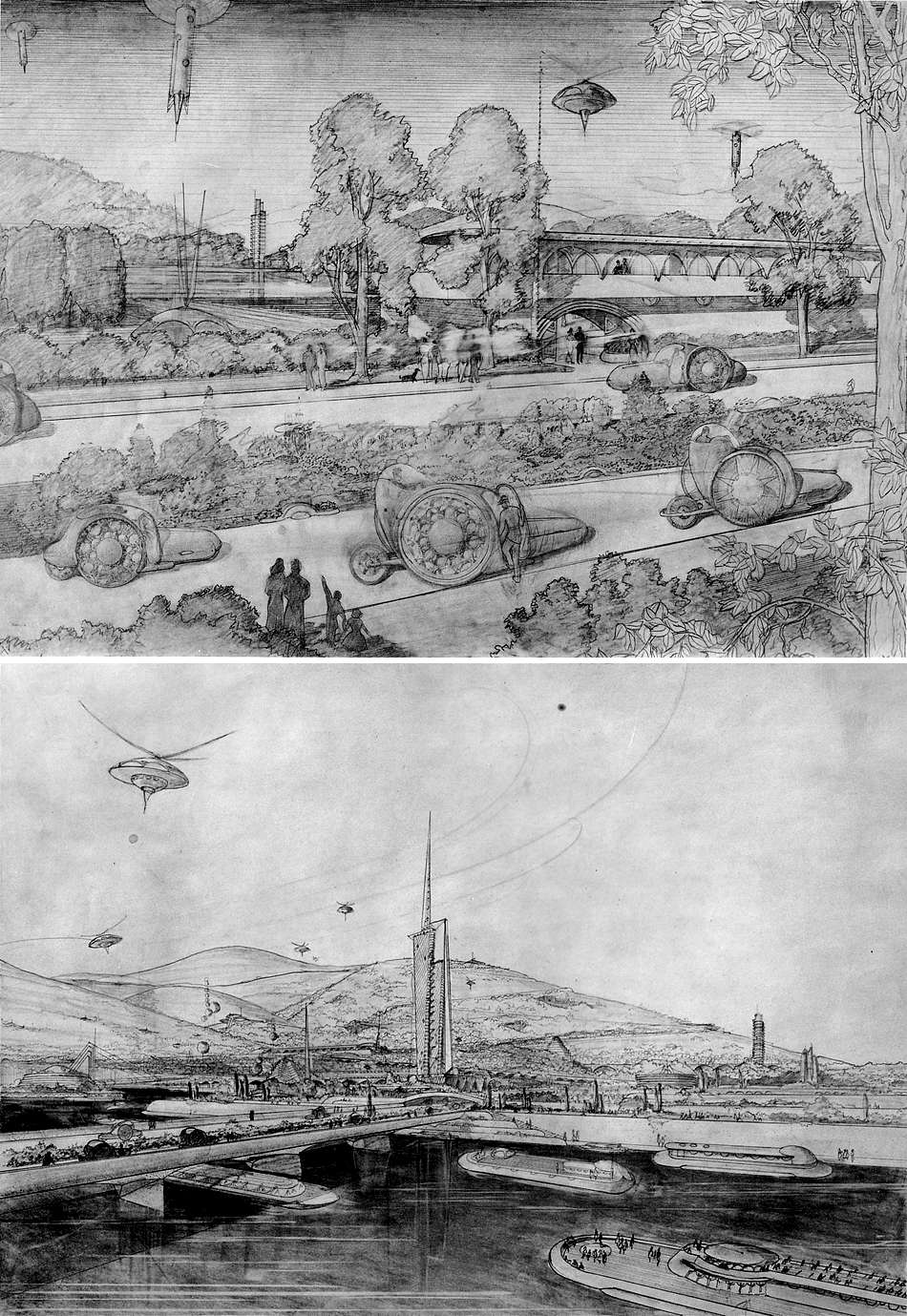Esboços conceituais de Broadacre City, proposta urbana utópica de Frank Lloyd Wright
