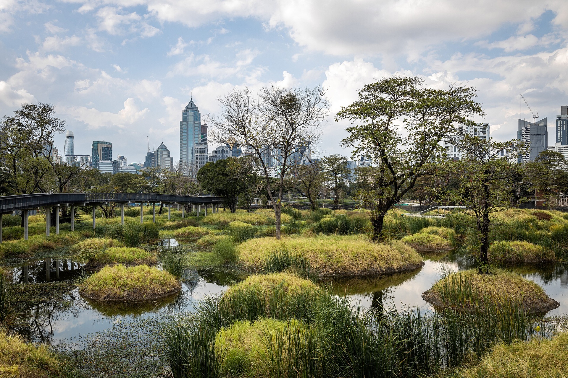 Vista panorâmica do Parque Florestal Benjakitti, com ilhas de vegetação cercadas por água, passarelas elevadas e arranha-céus ao fundo, destacando a integração entre natureza e cidade