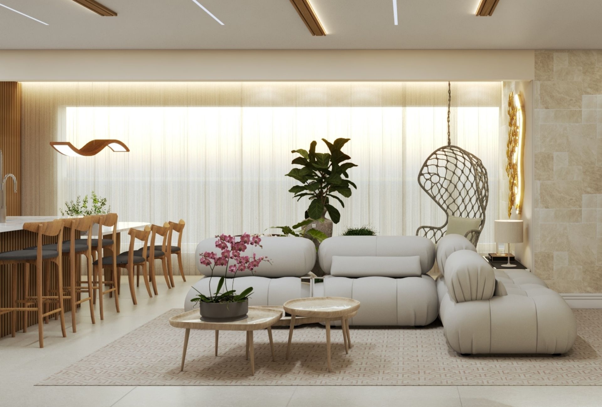 Sofá modular em L em sala de estar integrada com sala de jantar