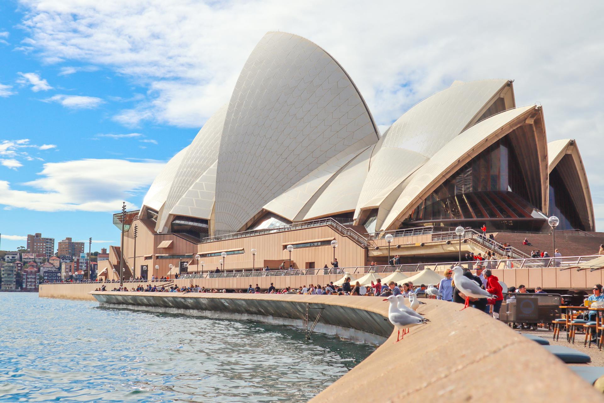 casa de ópera Vista lateral da Ópera de Sydney, na Austrália, com suas estruturas brancas em formato de velas sob um céu azul com algumas nuvens, pessoas caminhando ao redor e gaivotas pousadas na mureta próxima à água.