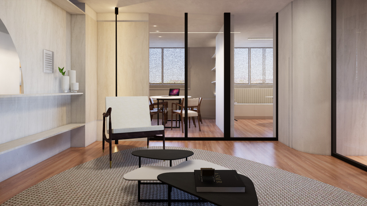 sala de espera de escritório de arquitetura com mesa sambinha de ruy ohtake