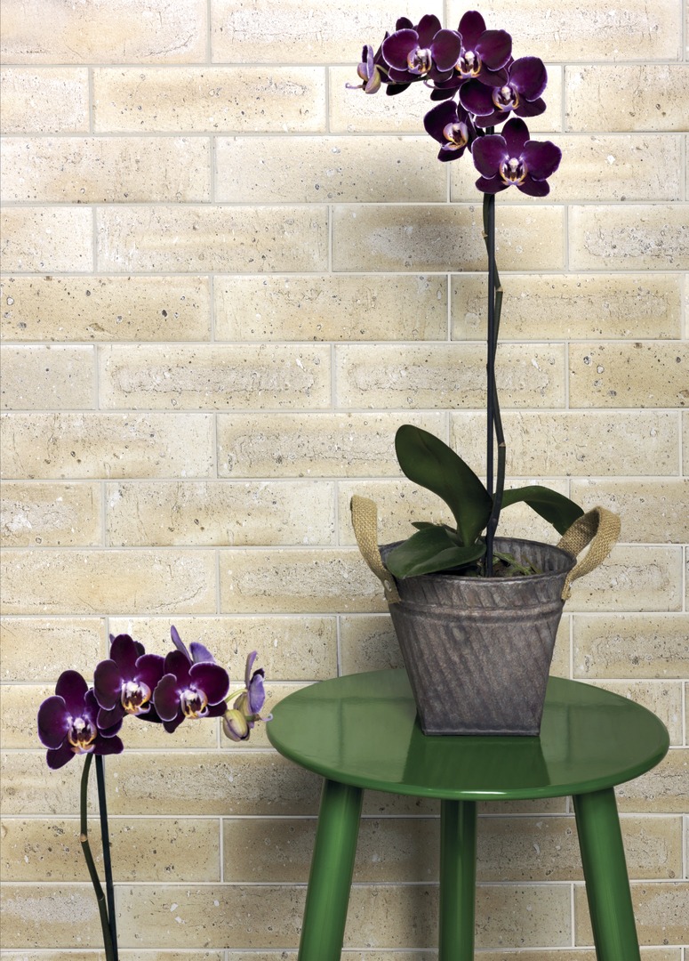 Parede com revestimento de tijolo à vista bege com banco verde e vaso metálico contendo orquídea roxa