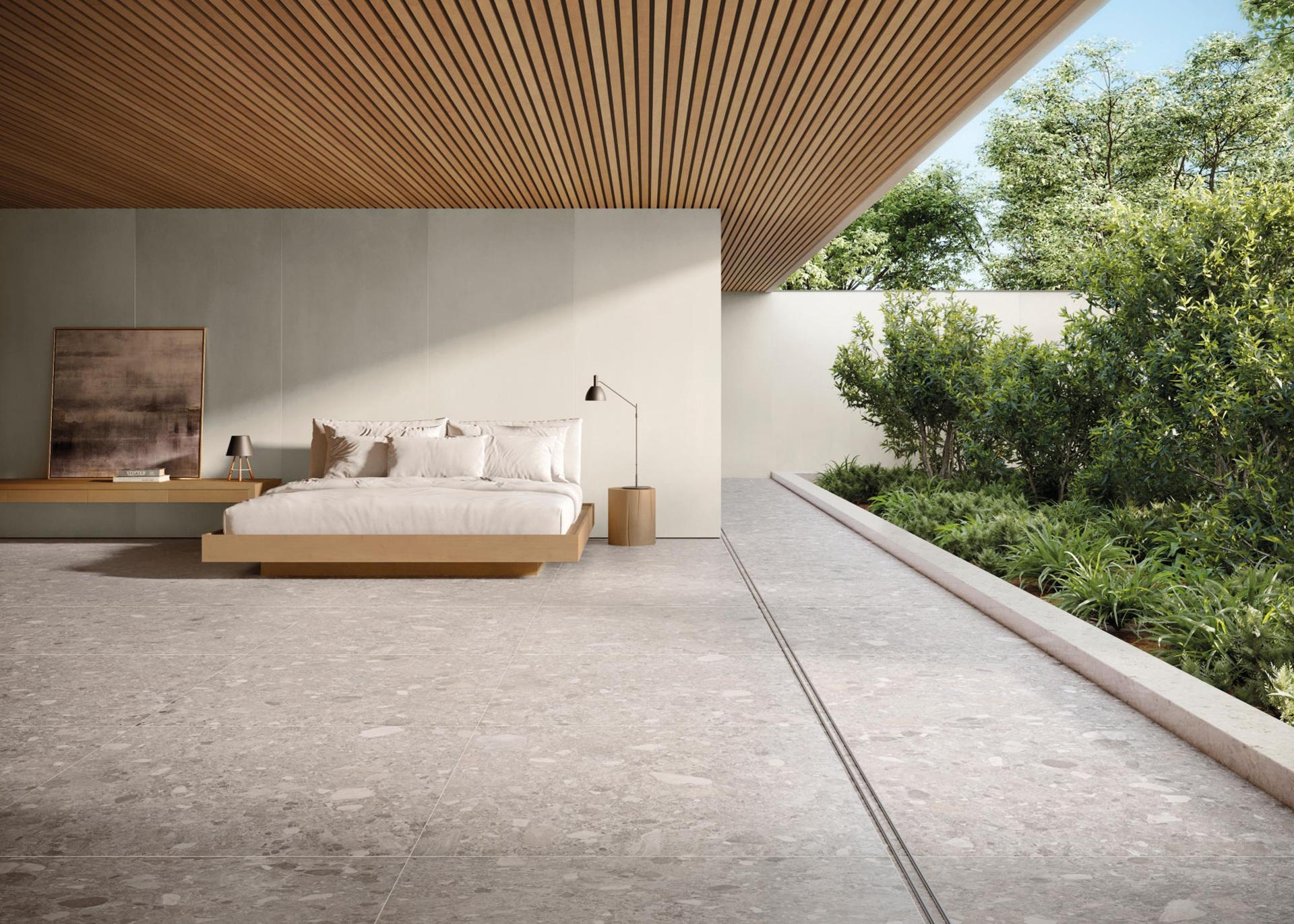 Quarto integrado ao paisagismo com piso claro que reproduz Ceppo di Gré
