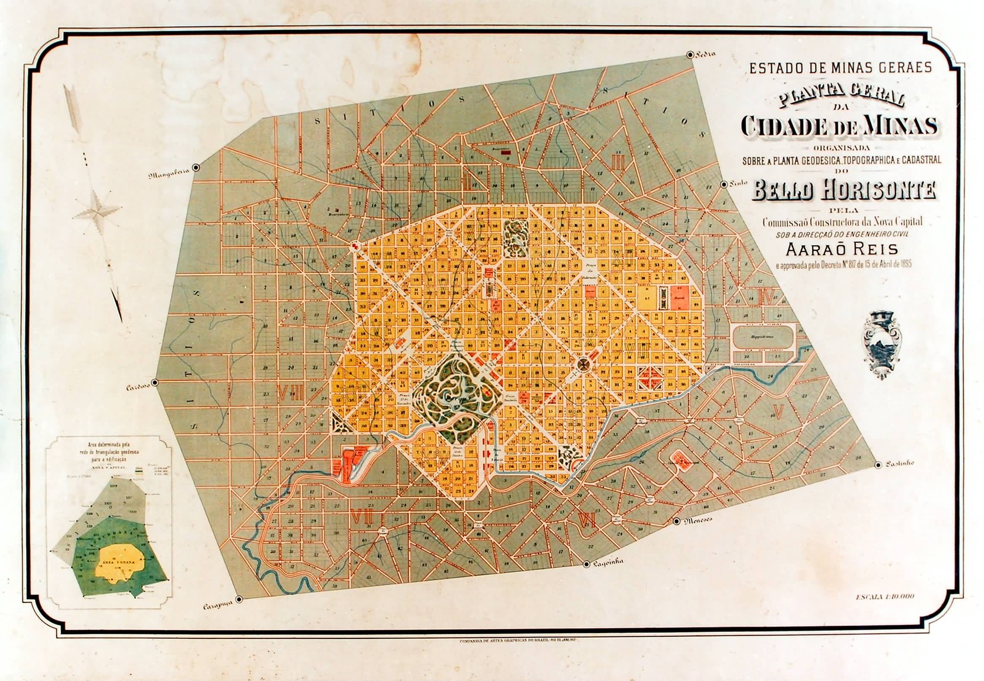 bh Planta geral da Cidade de Minas de 1895, projetada por Aarão Reis, com traçado geométrico e Avenida do Contorno delimitando o núcleo urbano.