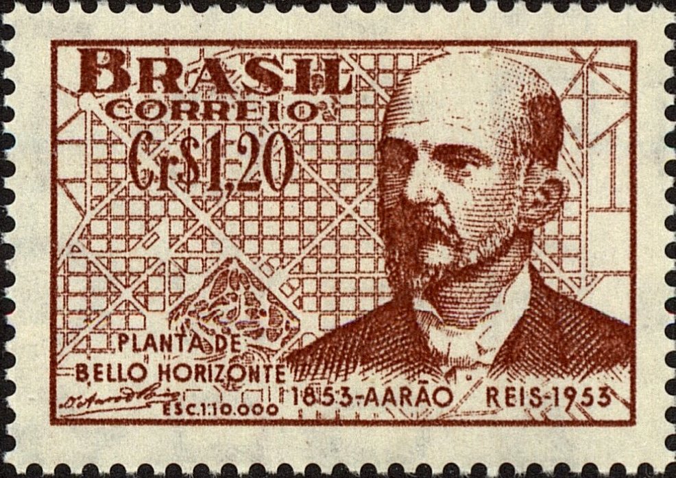 belo horizonte Selo dos Correios de 1953 em homenagem a Aarão Reis, responsável pelo projeto urbanístico de Belo Horizonte, com o traçado da cidade ao fundo.