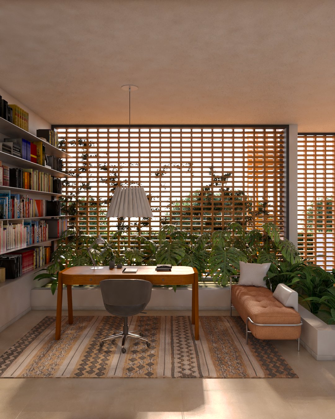 Home office em tons terrosos com fechamento em cobogó ao fundo da mesa de trabalho