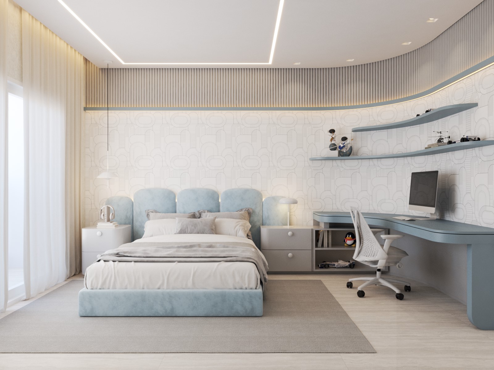 Quarto contemporâneo com piso claro Aeterna Bianco, cama estofada azul, mesa de trabalho integrada, papel de parede geométrico e cortinas translúcidas