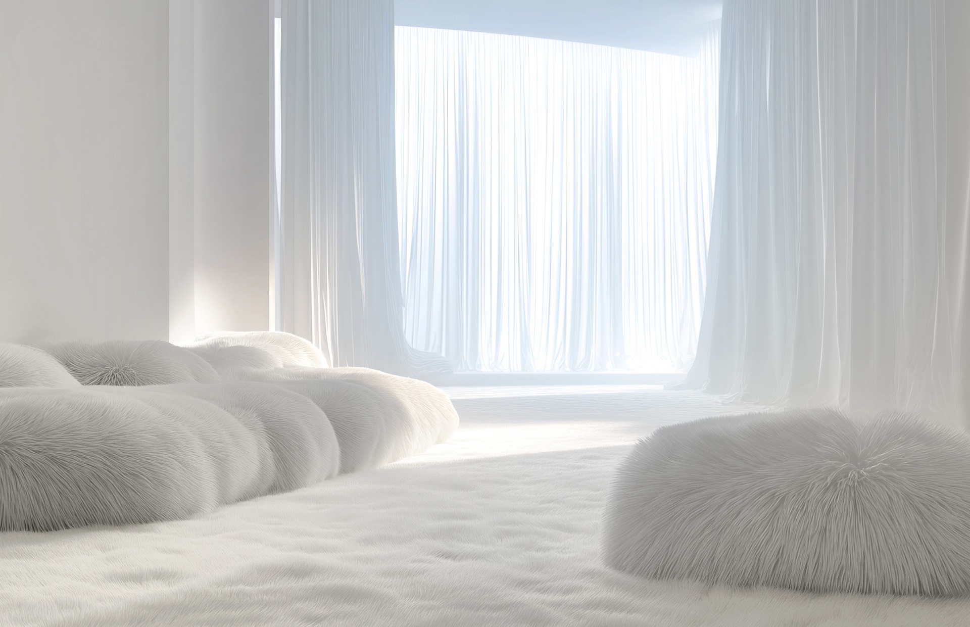 Ambiente minimalista em tons muito claros com puffs e sofá de textura felpuda, cortinas translúcidas e luz suave entrando pela abertura