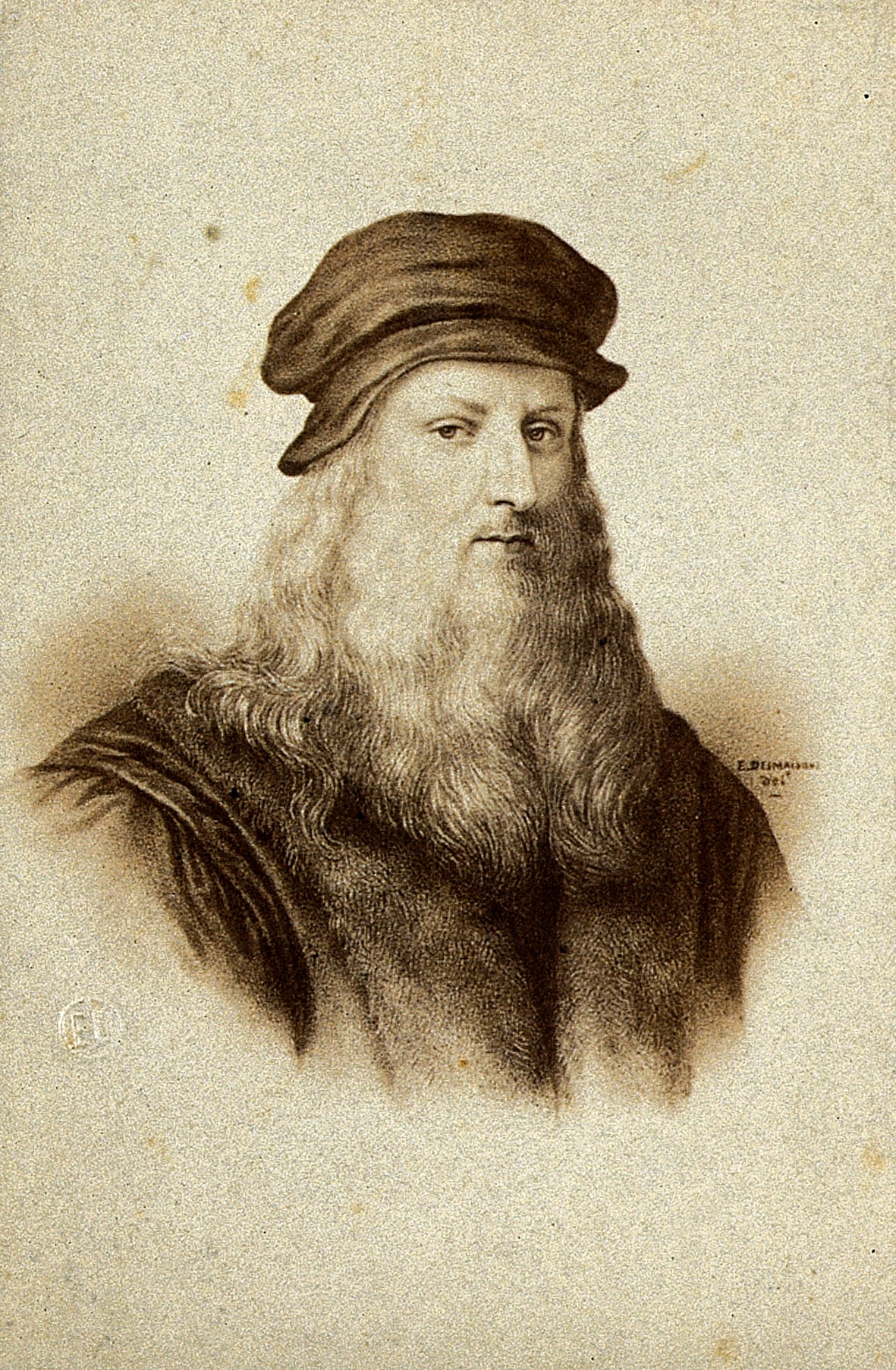Retrato em sépia de Leonardo da Vinci, com expressão serena, barba longa e ondulada, vestindo túnica escura e um chapéu