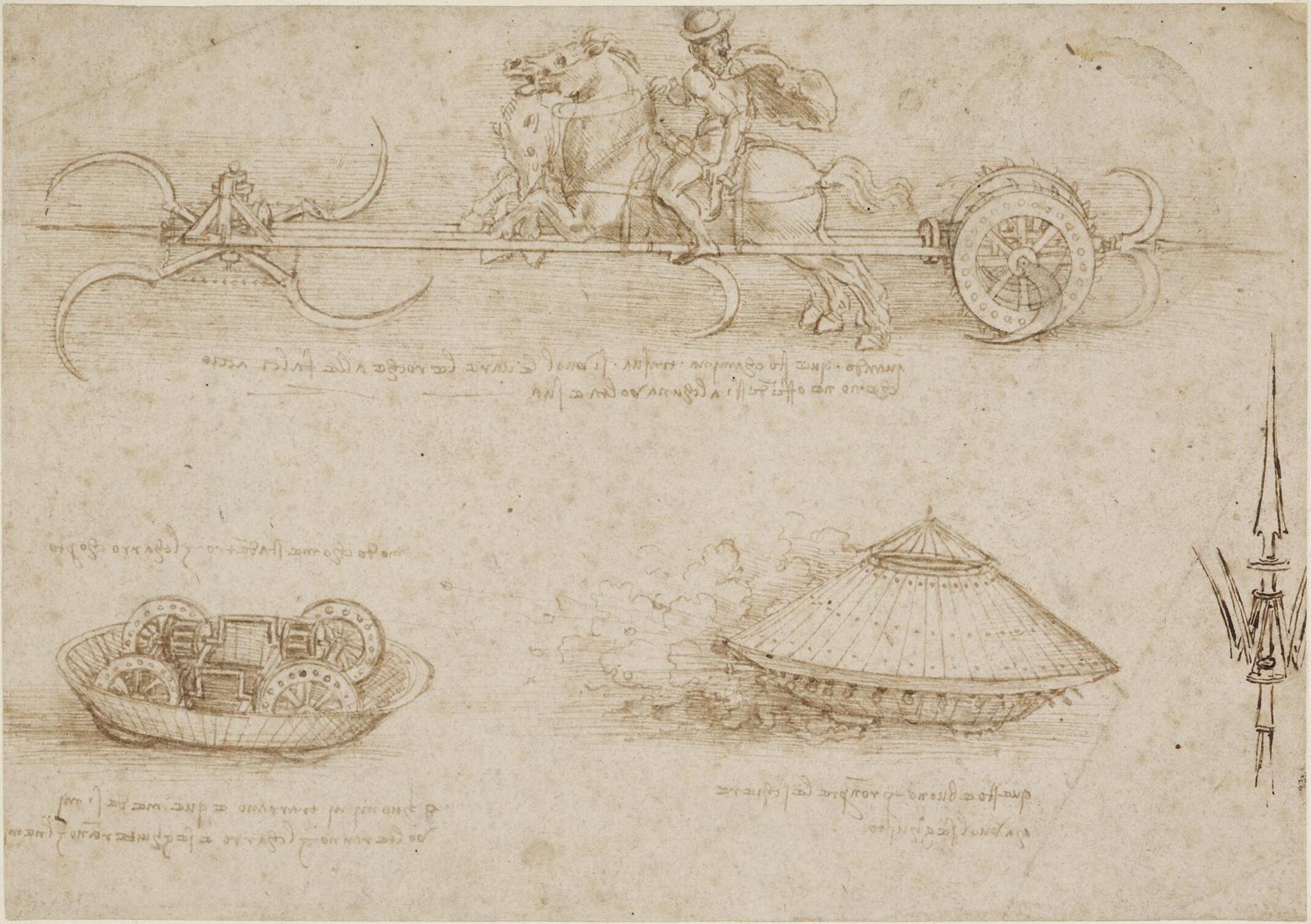 Desenhos técnicos feitos por Leonardo da Vinci em sépia sobre papel, retratando uma carruagem armada com foices nas rodas, um veículo circular blindado (semelhante a um tanque), mecanismos de rodas e uma lança