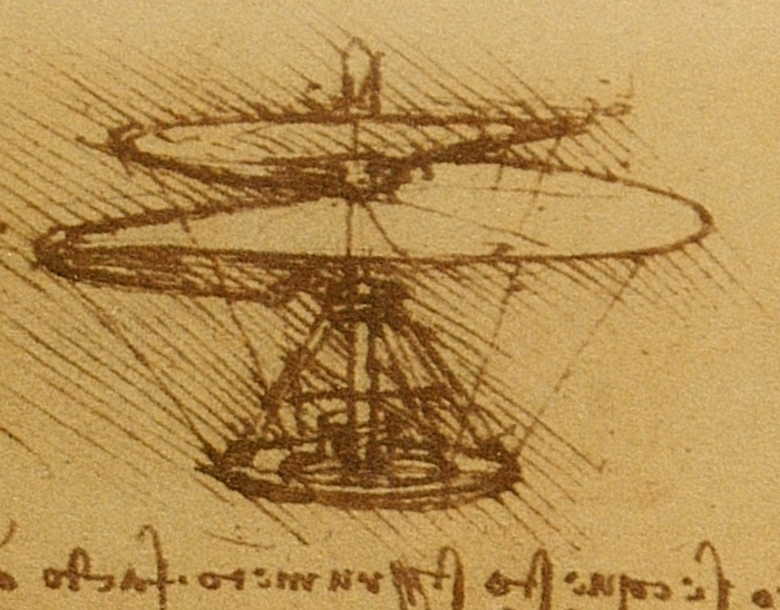 Desenho do parafuso aéreo de Leonardo da Vinci, feito com tinta sobre papel, mostrando uma estrutura helicoidal composta por uma base circular, hastes verticais e uma hélice espiralada no topo