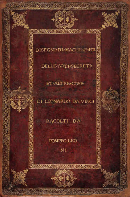 Capa do Codex Atlânticus, a maior compilação de escritos e desenhos de Leonardo da Vinci, reunidos por Pompeo Leoni