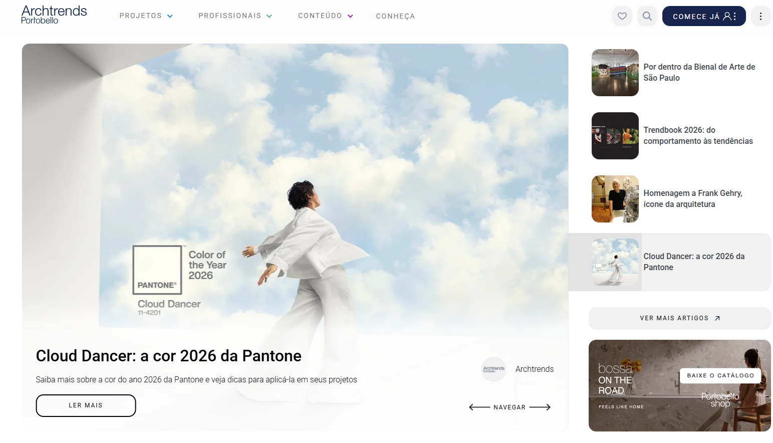 Tela inicial do site Archtrends exibindo o destaque “Cloud Dancer: a cor 2026 da Pantone”, com menu superior e destaques de artigos à direita