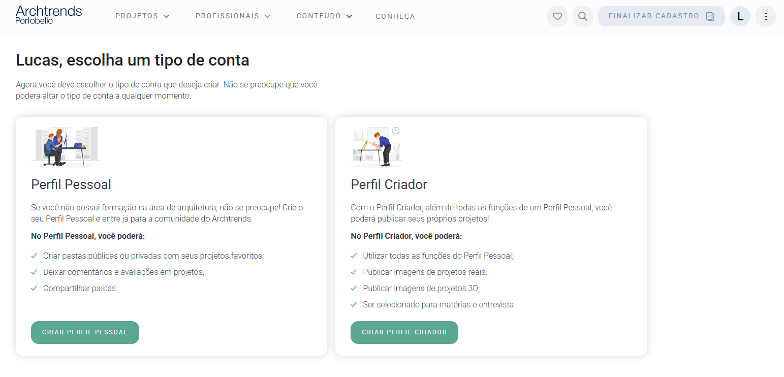 Tela do Archtrends exibindo as opções de criação de conta: Perfil Pessoal, com recursos de pastas e interação, e Perfil Criador, voltado para publicação de projetos reais ou 3D