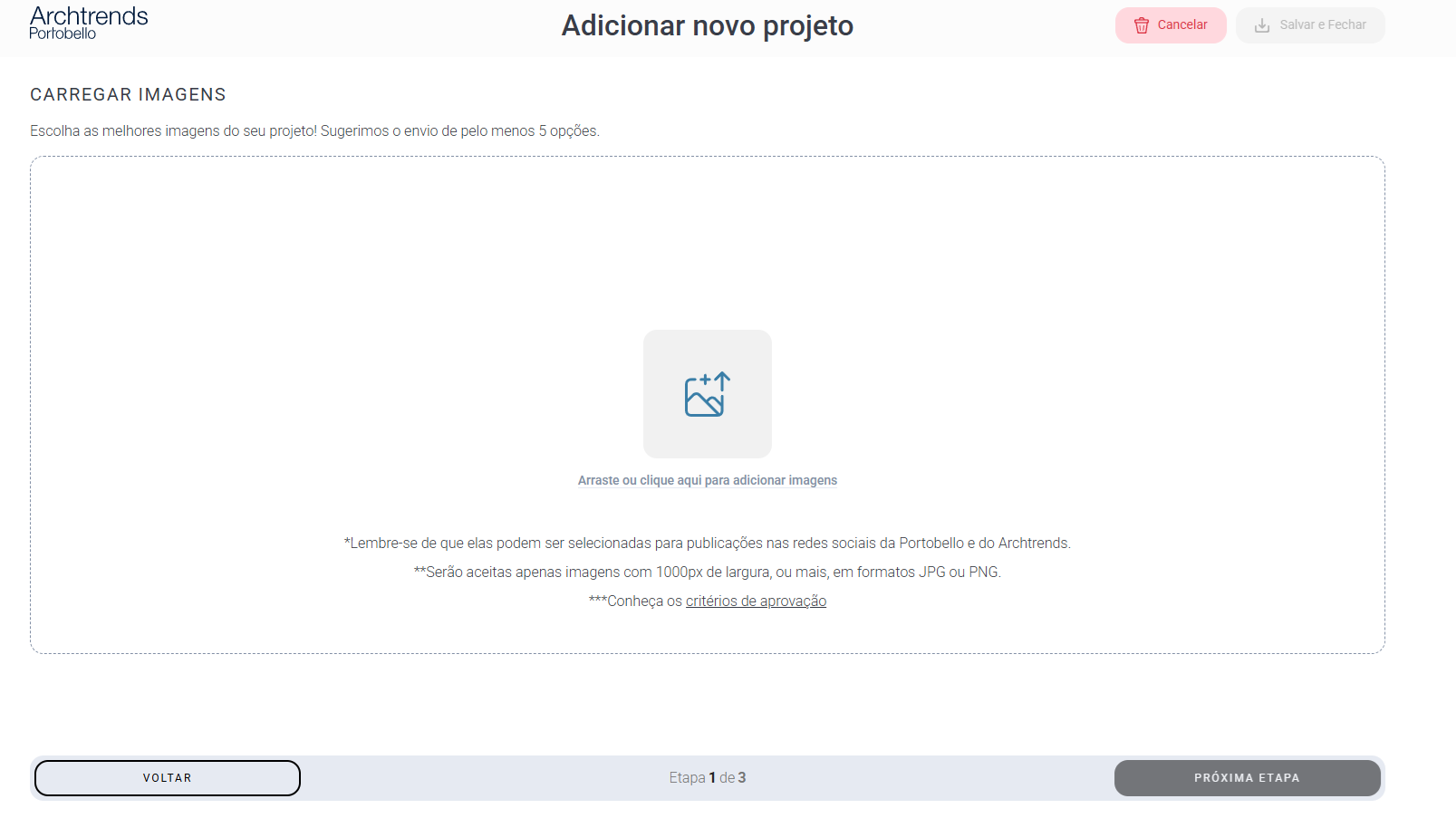 Tela de upload de imagens do Archtrends mostrando área para arrastar ou selecionar fotos, com instruções sobre formatos aceitos e botão “Próxima Etapa”