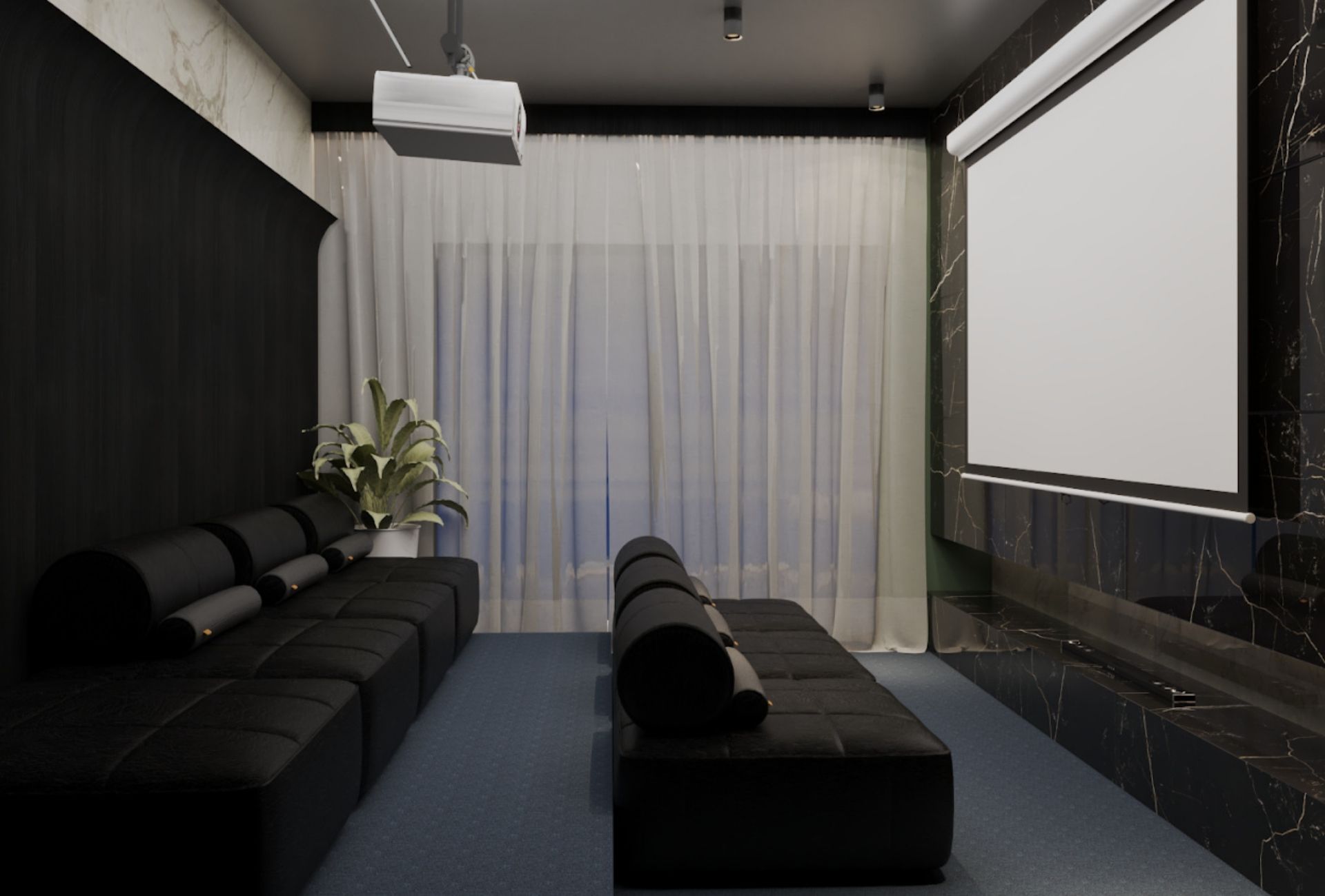 Sala de cinema personalizada com estofados pretos, carpete e porcelanato