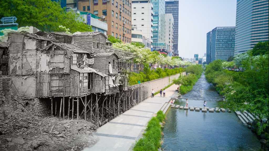 comparativo do antes e depois de Cheonggyecheon