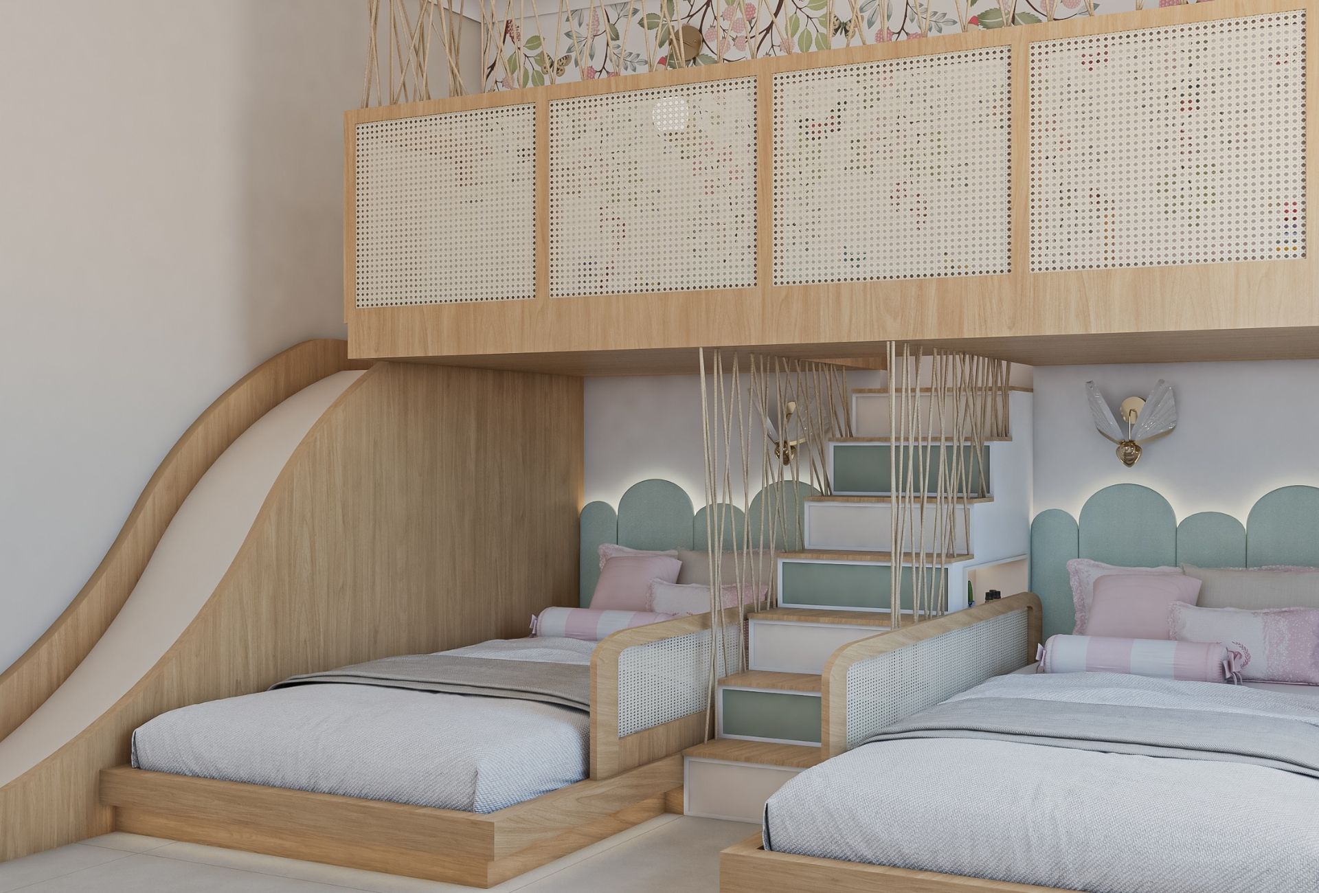 Duas camas montessorianas em quarto infantil
