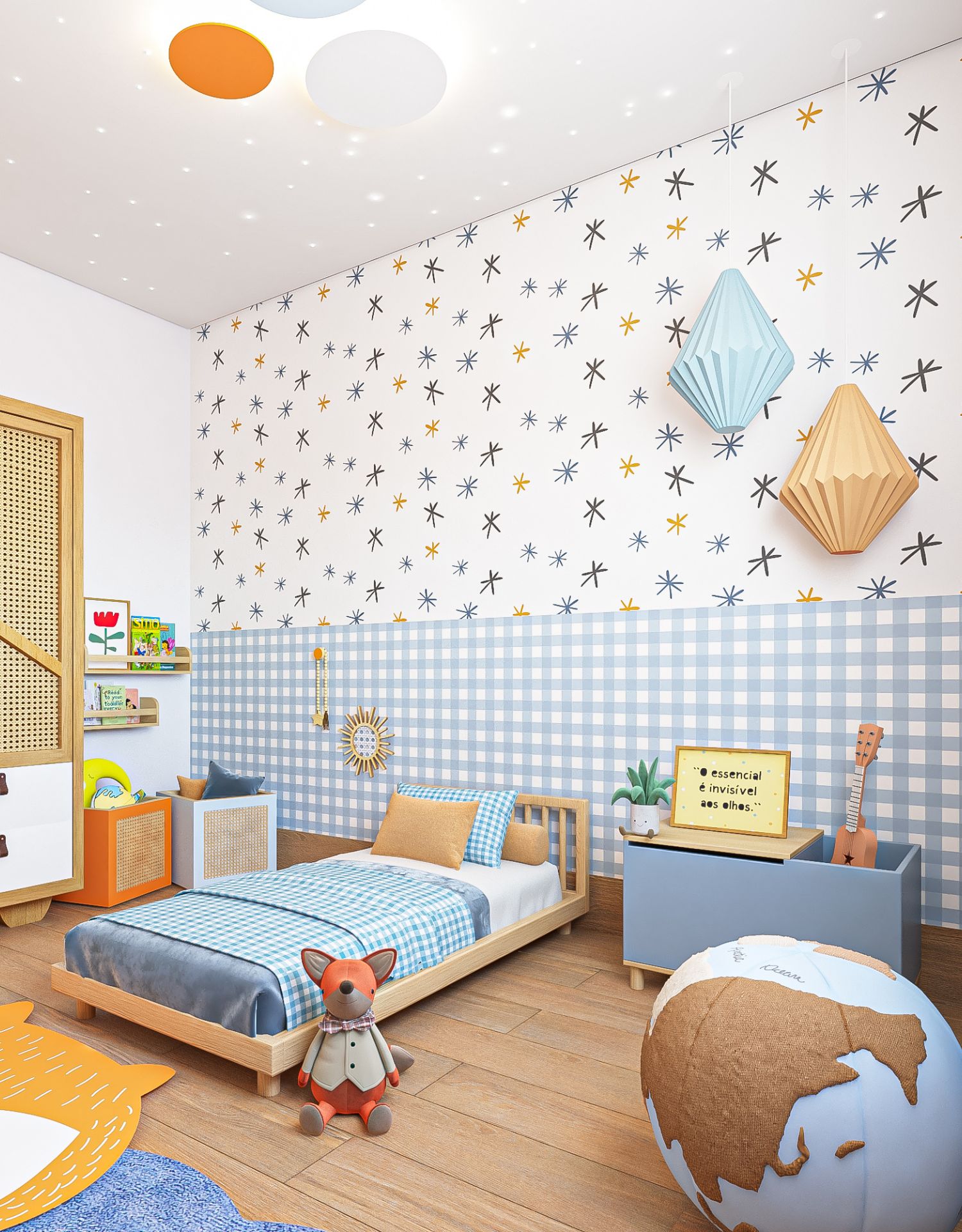 Cama montessoriana em quarto infantil com decoração lúdica