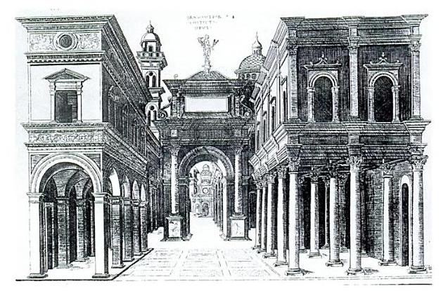 Gravura renascentista atribuída a Donato Bramante mostrando rua simétrica com edifícios clássicos, arcadas e perspectiva centralizada