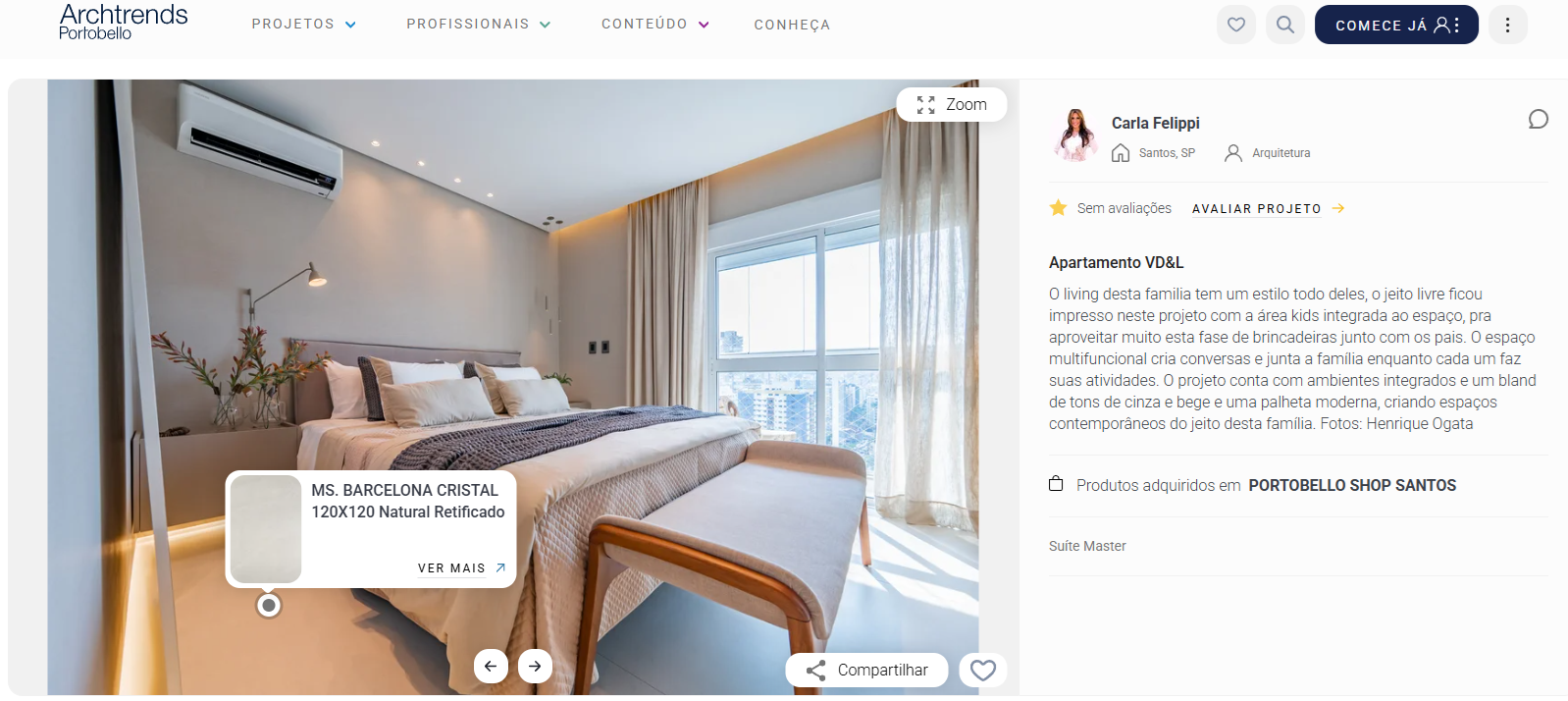 Reprodução de publicação do Archtrends com projeto residencial da arquiteta Carla Felippi, apresentando suíte master com paleta neutra, iluminação natural, cama central com banco estofado, cortinas leves e produto Portobello MS Barcelona Cristal 120x120 Natural Retificado integrado à proposta do ambiente