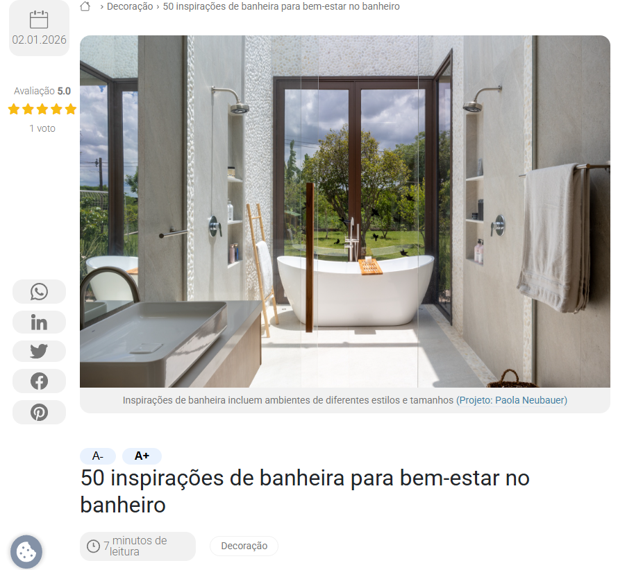 Reprodução de artigo do blog Archtrends sobre inspirações de banheiros para bem-estar, ilustrado com projeto residencial de profissional cadastrado, apresentando banheiro com banheira central, grandes aberturas envidraçadas, iluminação natural, paleta clara e integração com a paisagem externa