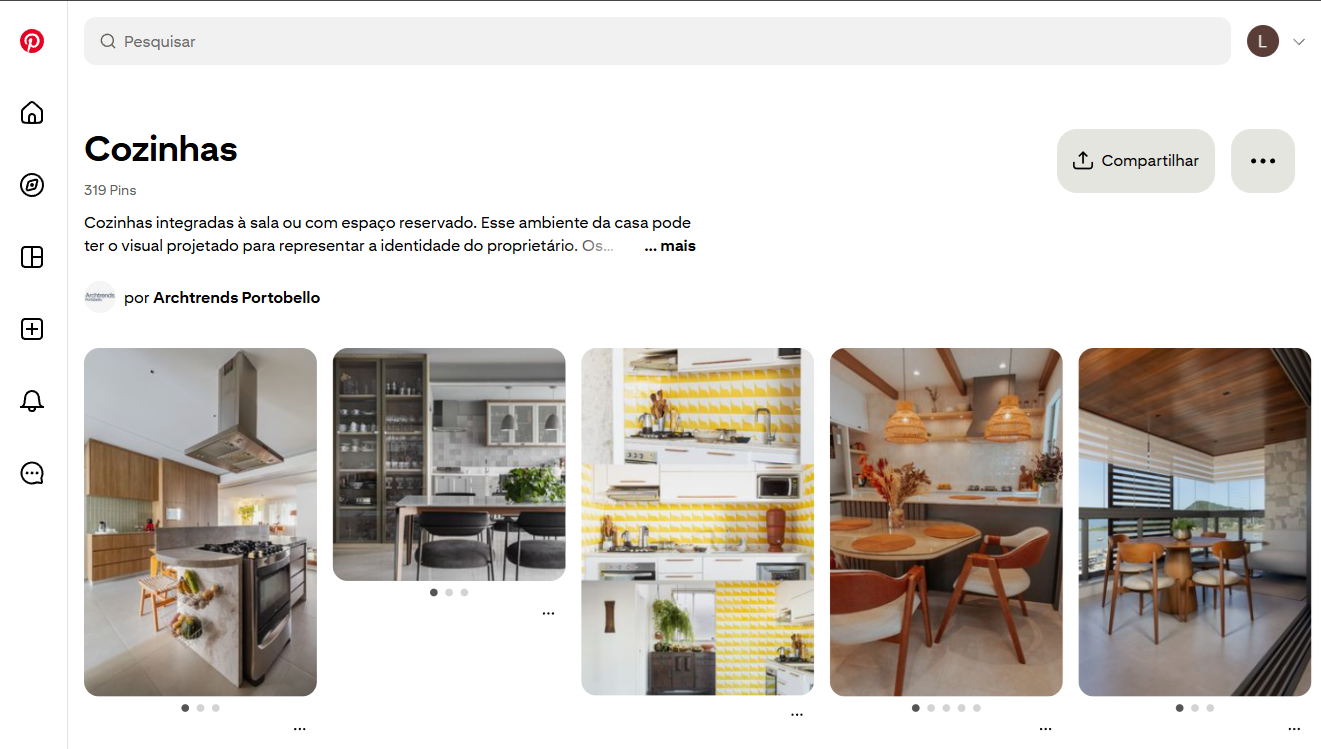 Reprodução de página do Pinterest do Archtrends Portobello com painel temático de cozinhas, exibindo diferentes projetos de cozinhas integradas e planejadas, com variedade de estilos, materiais, layouts e soluções de design voltadas à inspiração e pesquisa visual