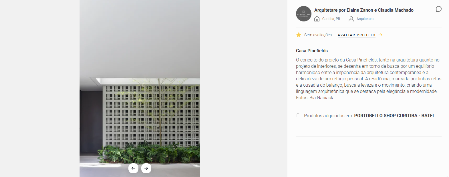 Reprodução de publicação do Archtrends com projeto Casa Pinefields, assinado pelo escritório Arquitetare por Elaine Zanon e Claudia Machado, destacando fachada com cobogó, integração com vegetação e texto descritivo que explica conceito, linguagem arquitetônica e escolhas do projeto, evidenciando a importância da legenda na valorização do conteúdo