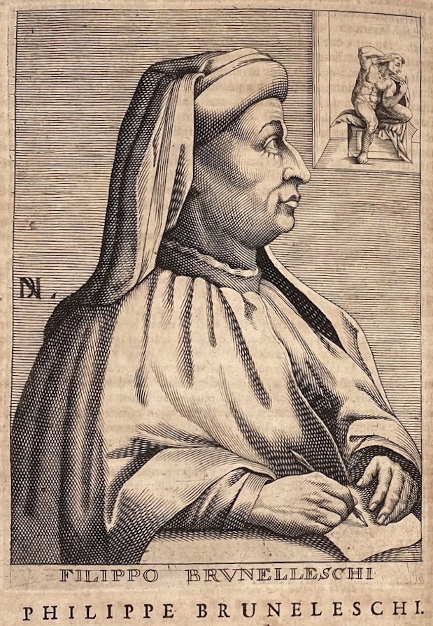 Retrato em gravura de cobre de Filippo Brunelleschi, arquiteto e designer italiano do Renascimento, mostrado em meio corpo, de perfil, segurando um instrumento de desenho