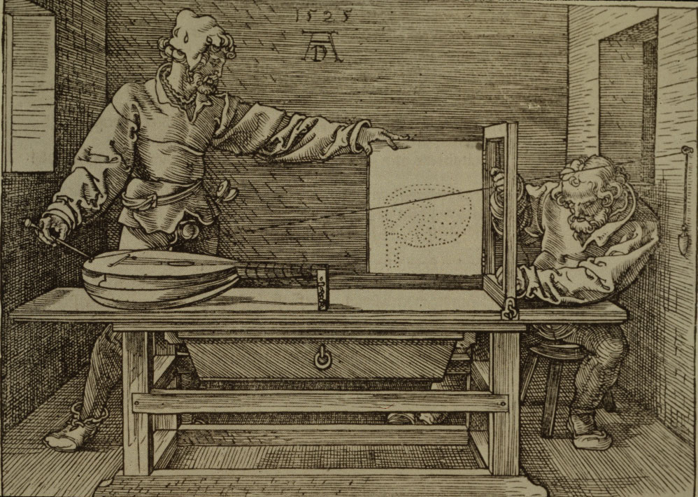 Xilogravura do século 16 de Albrecht Dürer mostrando o método mecânico de perspectiva exata atribuído a Filippo Brunelleschi. Na cena, cordas partem do olho do observador em direção a um alaúde, representando os raios de luz que guiam a reprodução fiel do desenho