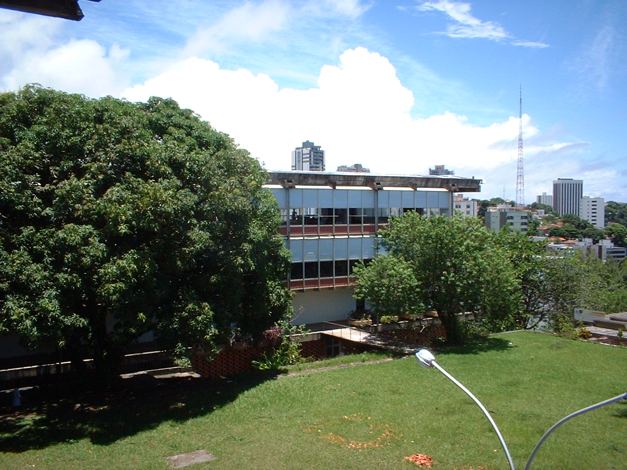 Vista do campus da Universidade Federal da Bahia, com edifício acadêmico ao fundo cercado por áreas verdes e árvores de grande porte