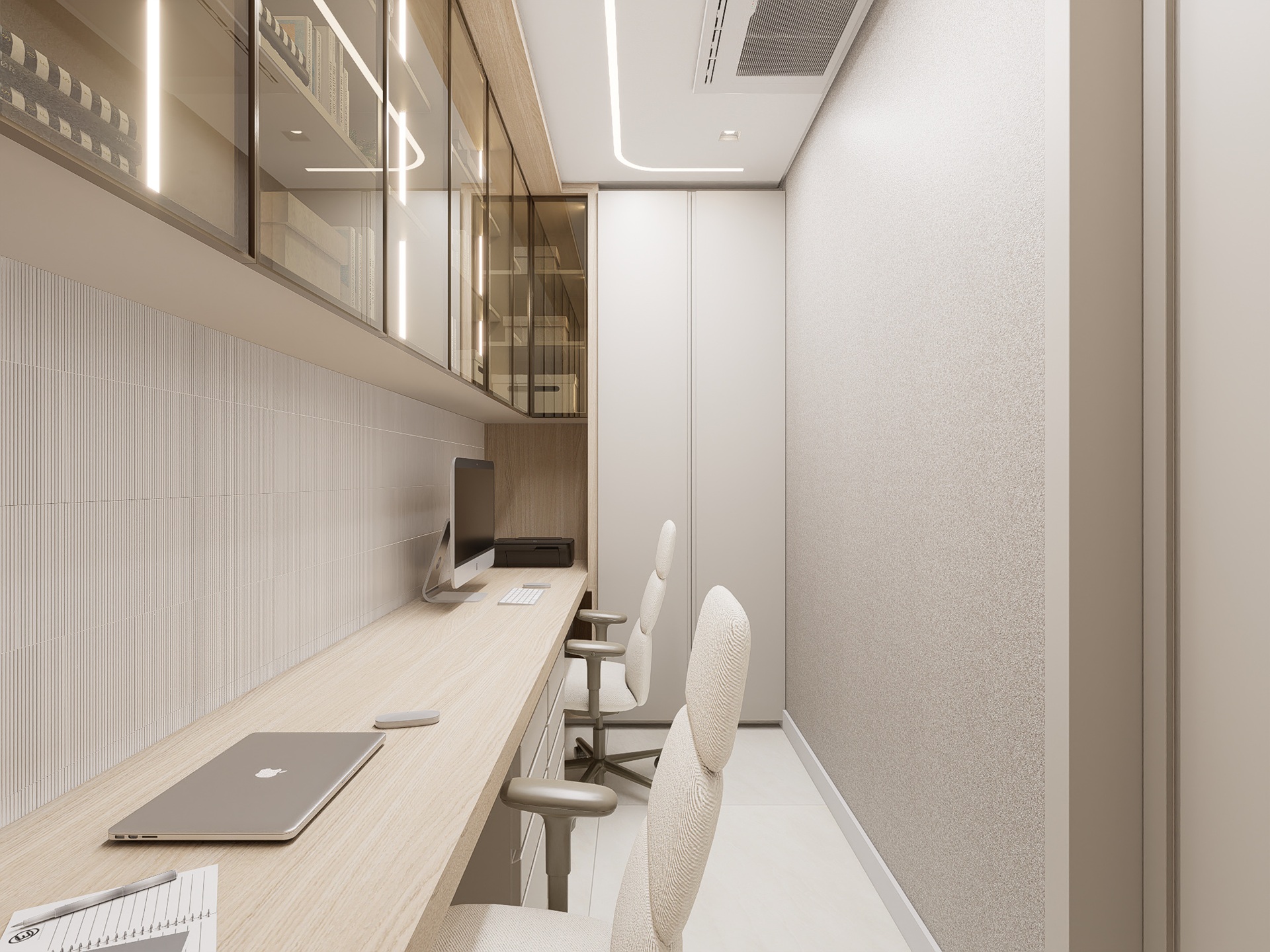 Home office em tons neutros com bancada e parede em mosaico minimalista branco