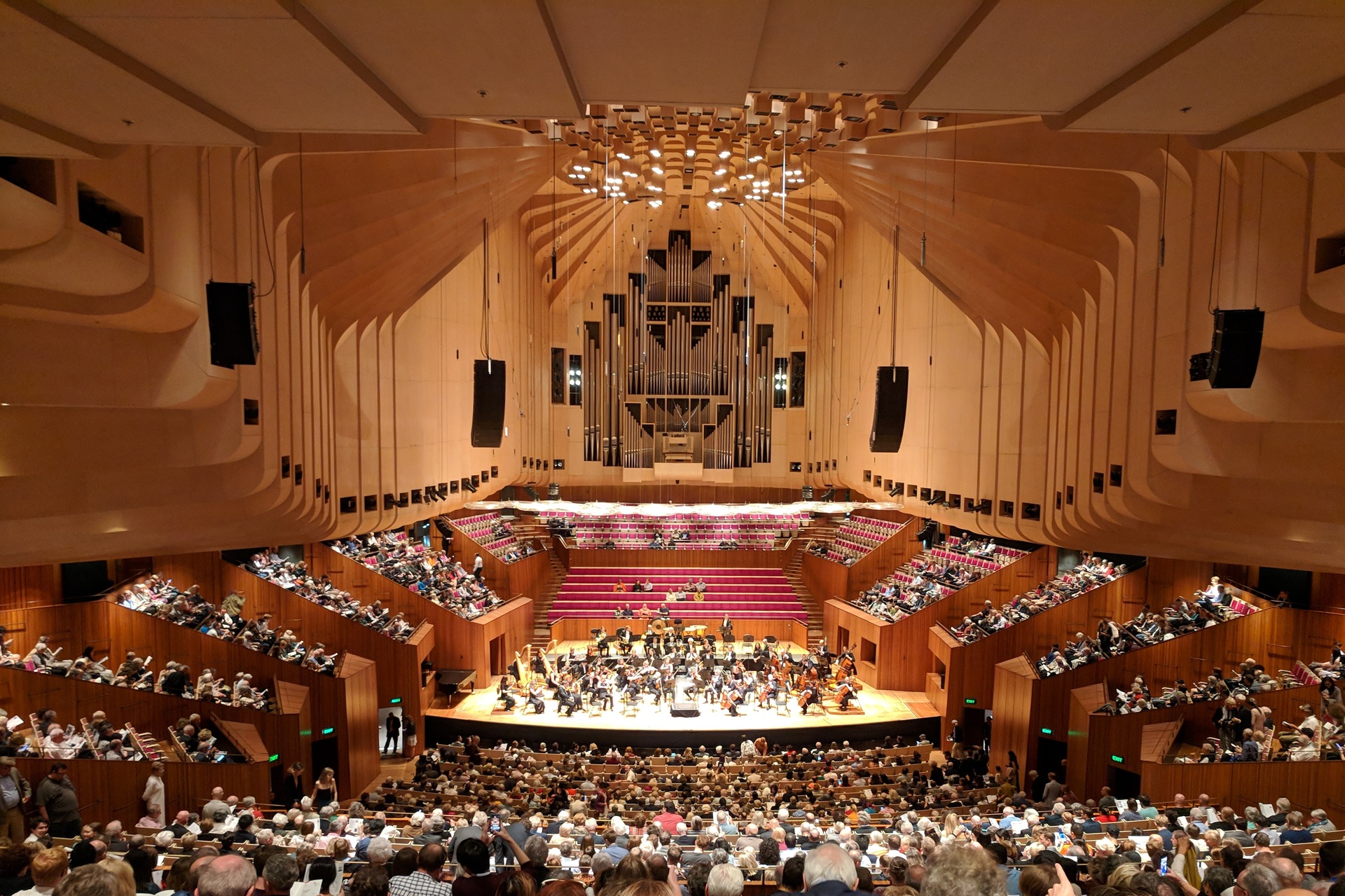 Imagem interna da Sala de Concertos da Sydney Opera House, mostrando público em vários níveis, orquestra posicionada no palco e o grande órgão de tubos ao fundo, destacando a acústica e a beleza do espaço