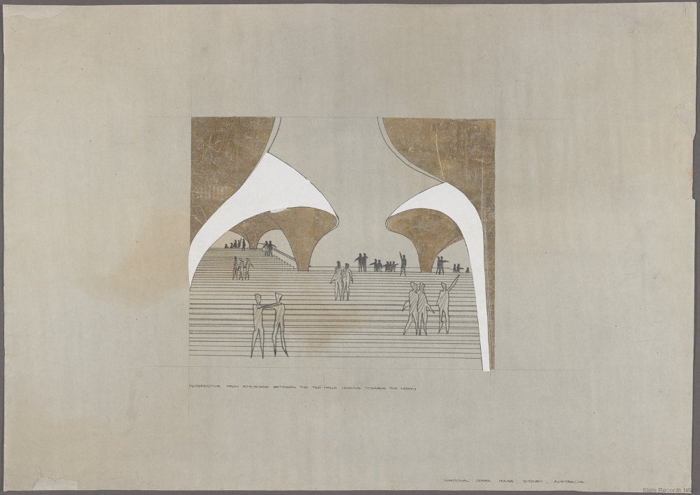 Desenho original de Jørn Utzon, vencedor do concurso de 1957 para a Sydney Opera House, mostrando a perspectiva das estruturas curvas e os degraus monumentais com silhuetas de pessoas