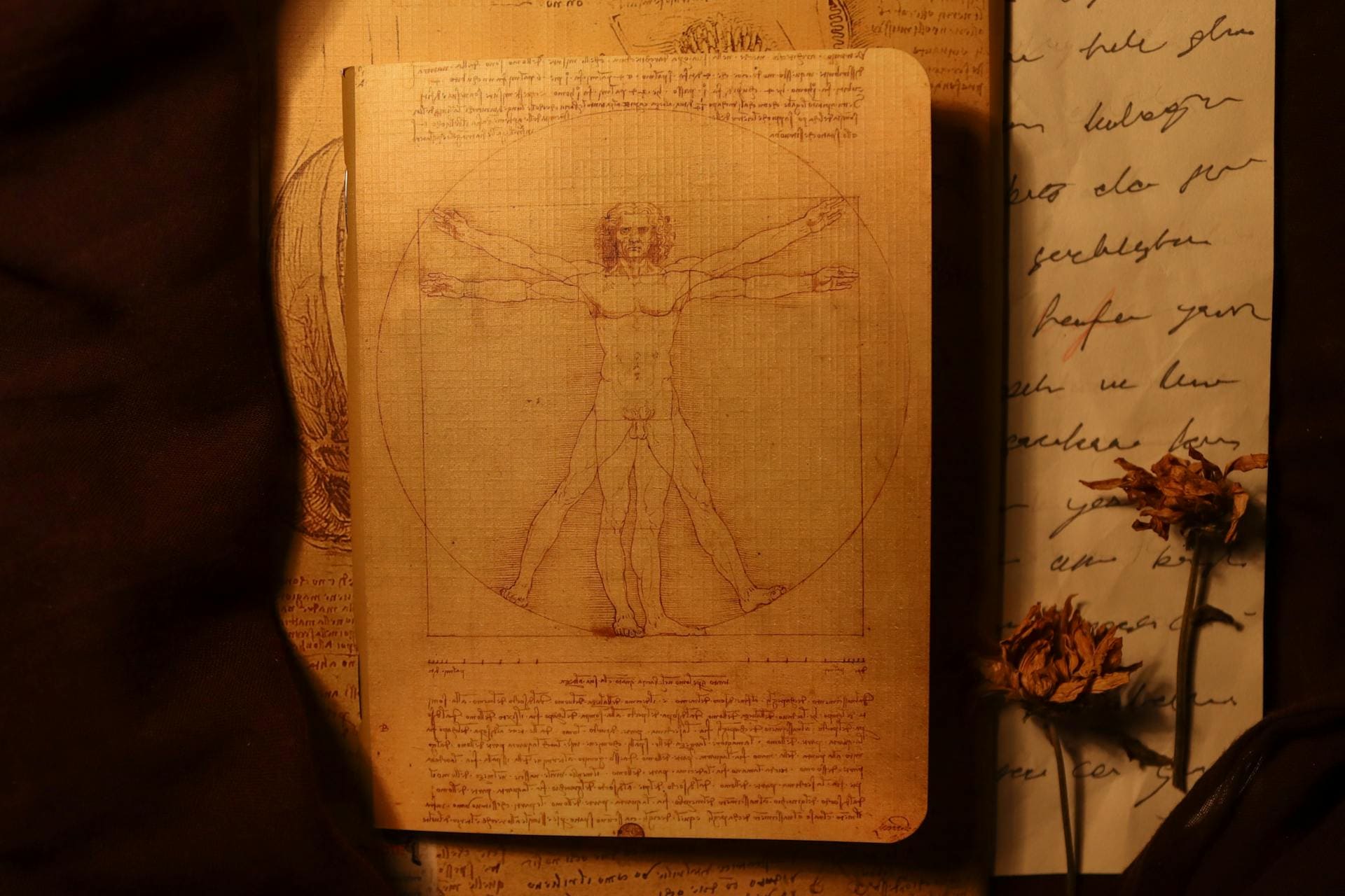 Ilustração do "Homem Vitruviano", de Leonardo da Vinci, com figura masculina inscrita em um círculo e um quadrado, representando proporção e simetria entre corpo humano e arquitetura