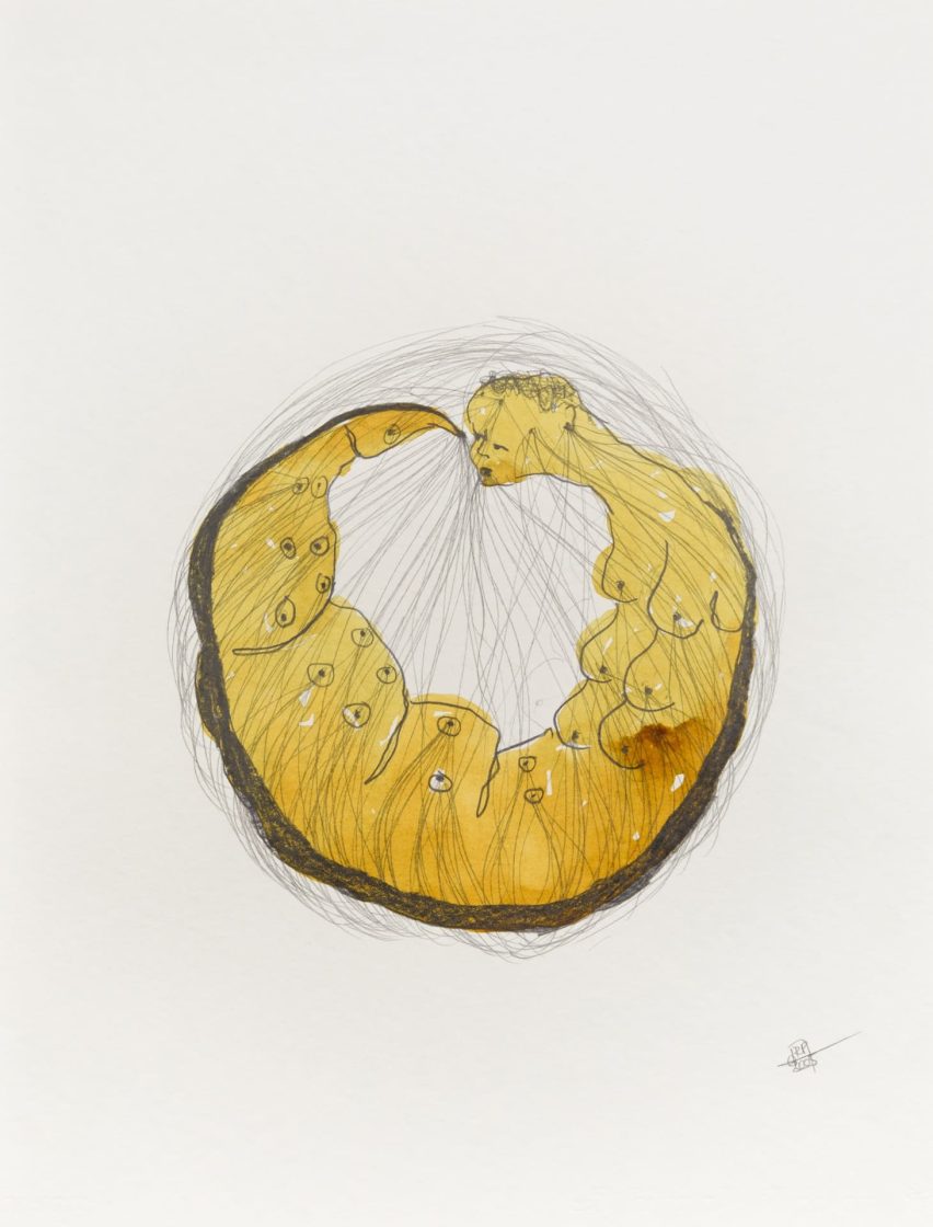 Obra da série “Tecelãs”, de Rosana Paulino, apresentada na Bienal de Veneza, mostra figura feminina circular desenhada em grafite e aquarela sobre papel, com linhas delicadas que remetem a costura, fios e continuidade ancestral