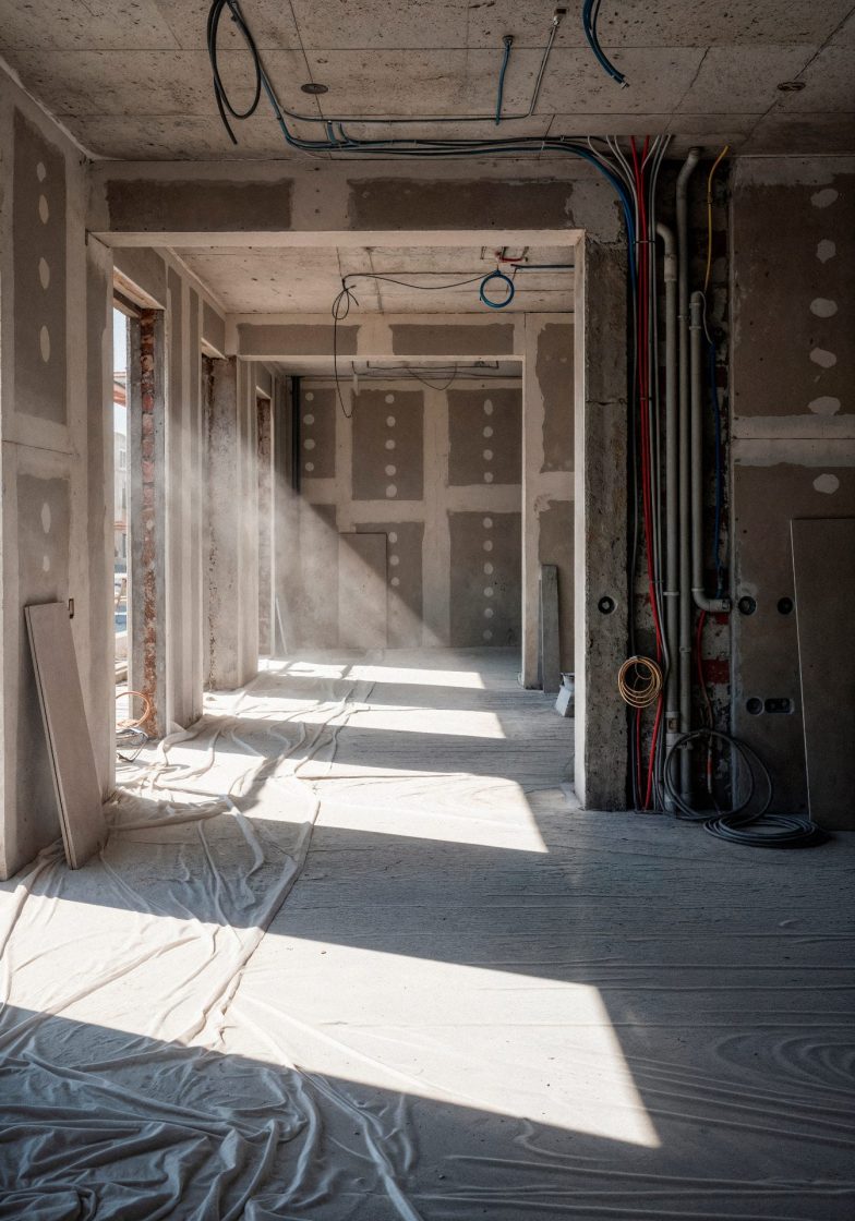 Ambiente interno em obra com piso coberto com plástico